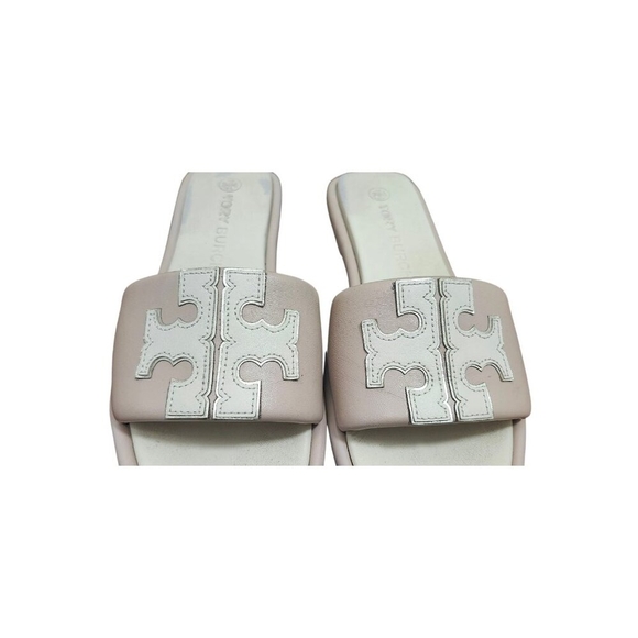 Tory Burch Women Leather Slide Sandals Double T Logo Beige Cream Flat Slip On 10 - Picture 3 of 12